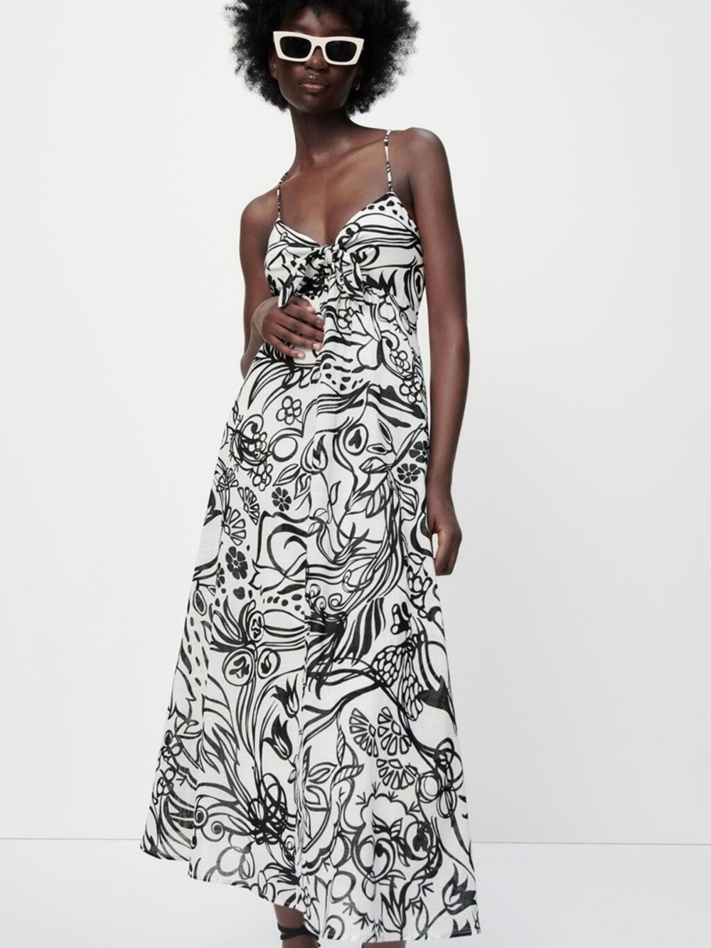 ZARA Black White Floral Print Cotton Open Back Maxi Dress XL 4886/242